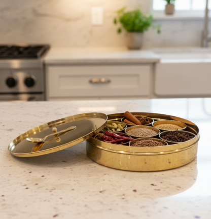 Handcrafted Brass Masala Box (Masala Dani) | Spice Box with Extra Inner Lid