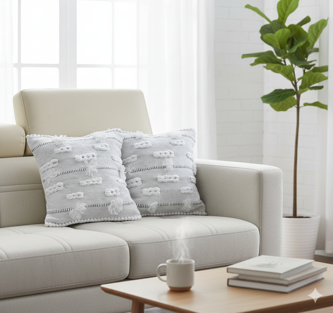 Two light-grey textured premium cotton cushion covers placed on a beige sofa with a mug and books.