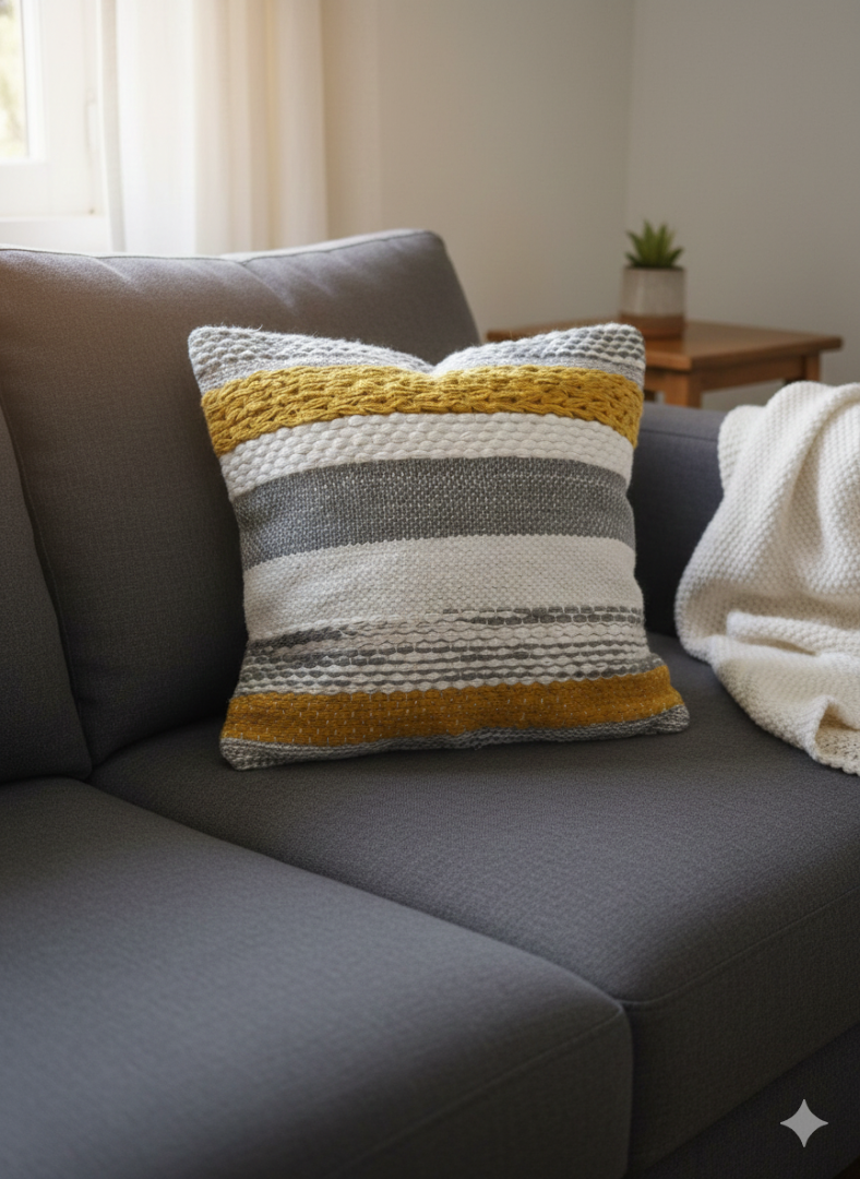 Grey and mustard striped cotton cushion cover displayed on a grey sofa.