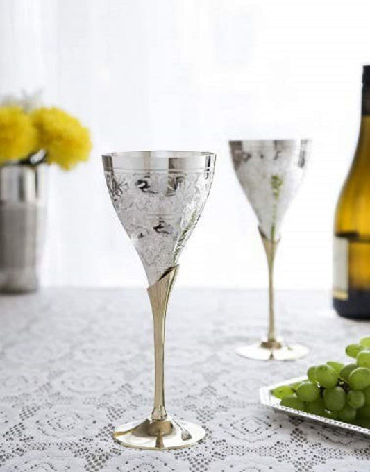 Brass wine glasses beautifully engraved with silver finish by Bulky Santa