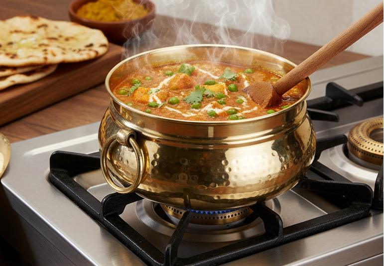 Round hammered brass handi, degchi, or patila (Pital ke bartan) with large ring handles on a gas stove, containing steaming Matar Paneer or vegetable curry. A wooden spoon rests in the curry, and naan is visible in the background.