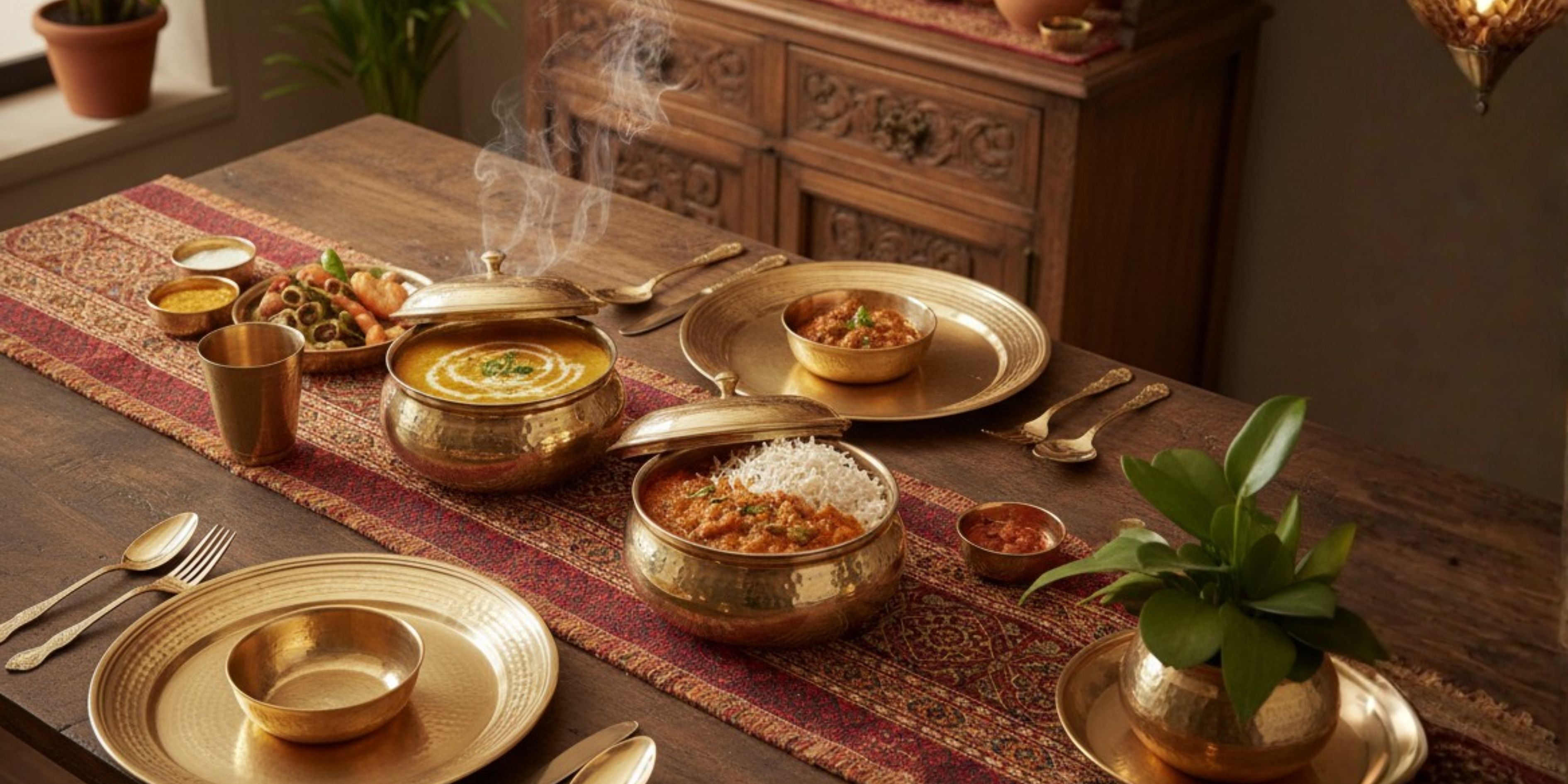 Table setting with Hammered Brass Handi, Degchi, and Patila (Pital ke bartan) used to serve hot Indian food like curry and rice. The banner reads "Perfect for Housewarmings, Weddings, and Rituals," showcasing the brass pots as a premium gift item and part of a full brass dinner set.
