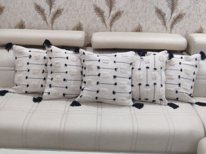 Handwoven Cotton Cushion Covers for Sofa, 16 in x 16 in - White Black Stitch