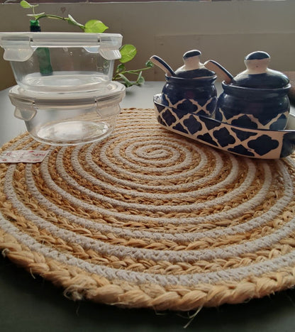 Cotton Placemats 15" Round Table Mats, Heat Resistant, Reversible Use, Washable (Cotton Jute)