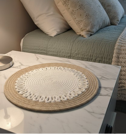 Beige and white woven mat on a marble bedside table with soft pillows in the
background, highlighting cotton round placemats.