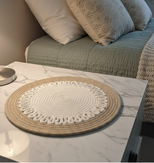 Beige and white woven mat on a marble bedside table with soft pillows in the
background, highlighting cotton round placemats.