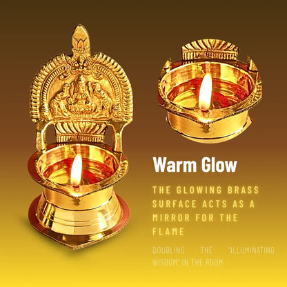 Infographic showing the deep bowl of a Kamakshi Deep, which holds more oil for longer-lasting burning. Kamakshi Deep infographic showing its deep bowl designed to hold more oil for longer burning.
