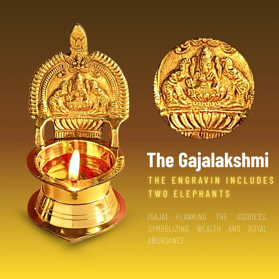 Kamakshee Deepam infographic Image showing gajalakshmi including two elephants on the diya