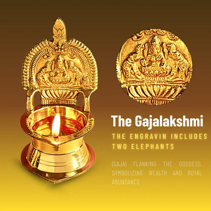 Kamakshee Deepam infographic Image showing gajalakshmi including two elephants on the diya