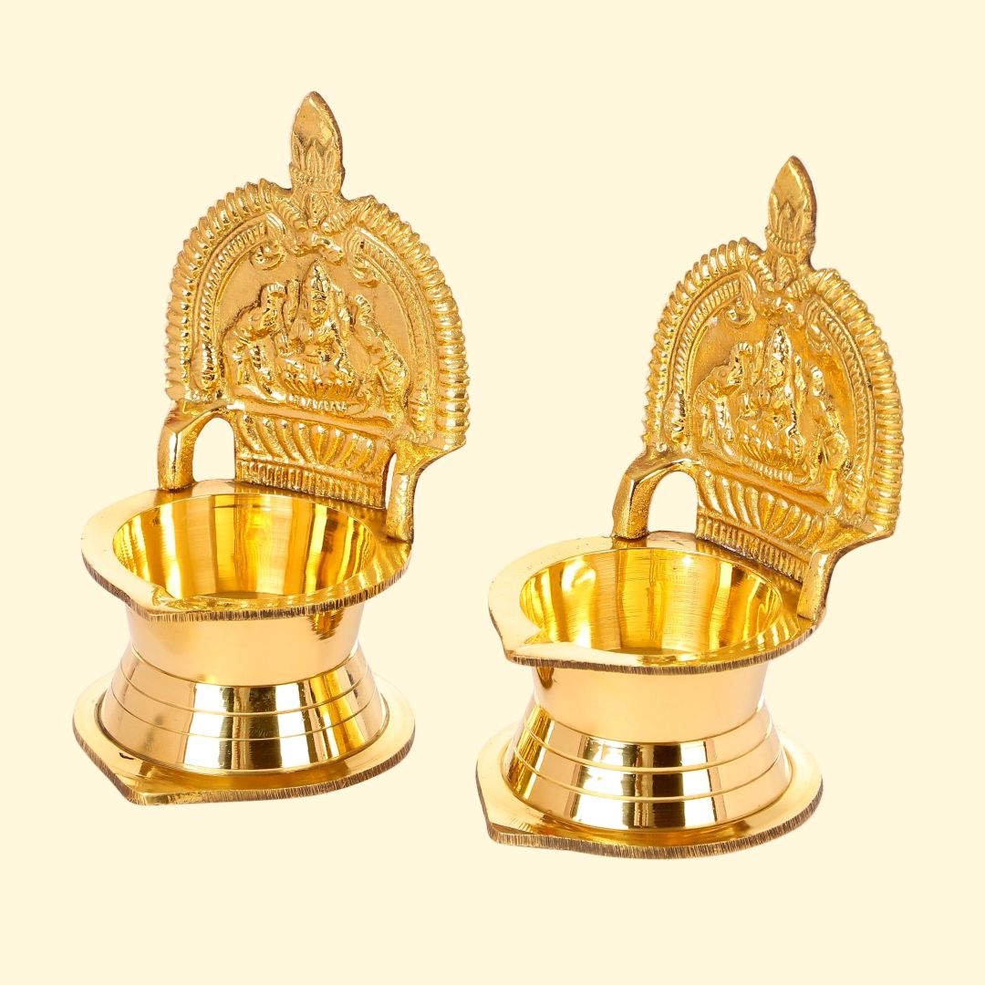 Pair of handcrafted Kamakshi Deepam Brass lamps for puja rituals