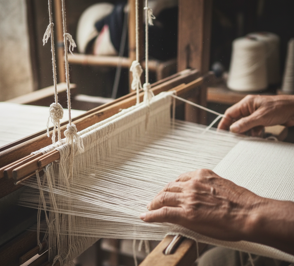 Person weaving on a traditional loom with hands and yarn visible. This image is showing hor thread is made for cotton mats