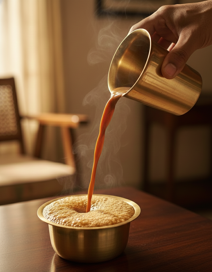 Coffee is pouring from Brass Cup to Brass Tumbler in Brass Davara Set