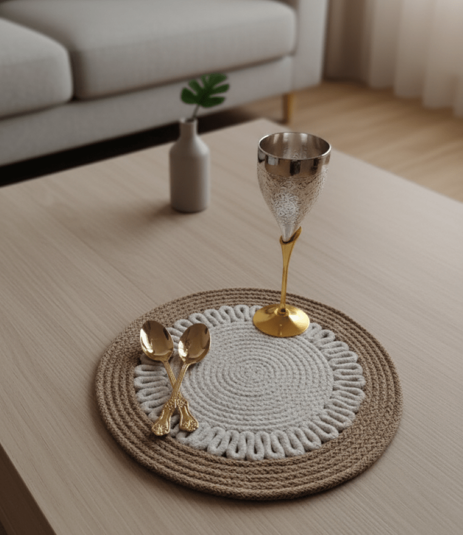 Textured cotton round mat holding glassware and cutlery in an elegant setup for round
placemats.