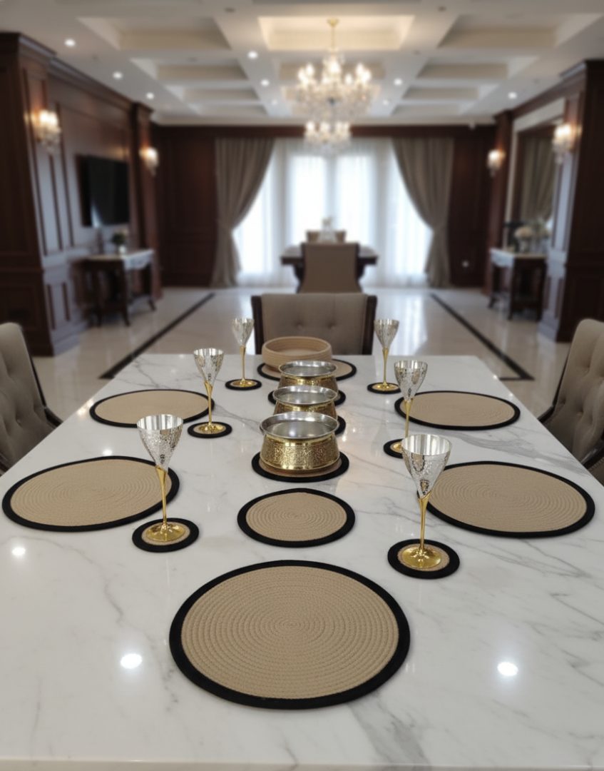 The image showing three brass handi, cotton placemats set and Brass wine glasses, All placed on a luxurious marbel table in a bautiful harmony. 