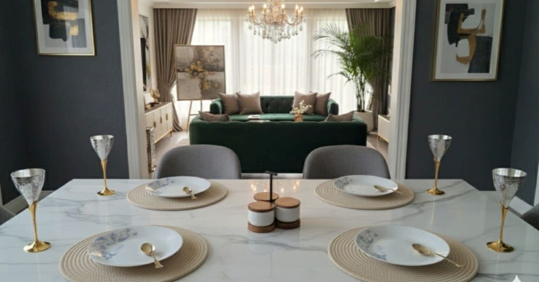 Dining table styled with beige woven mats, plates and gold-rimmed glasses, highlighting a stylish table & dine organizer mat set.