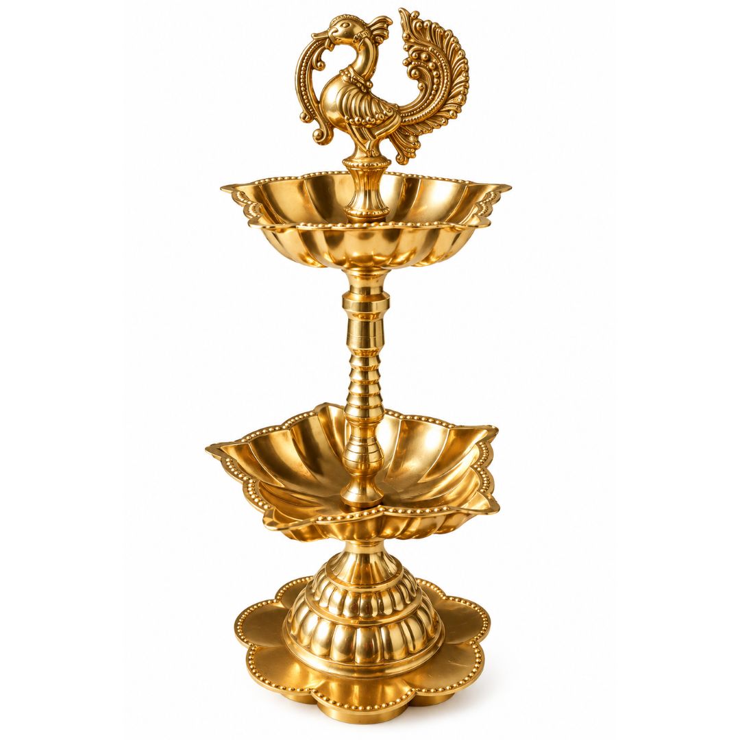 Brass Peacock Two-Tier Diya – Traditional Decorative Oil Lamp