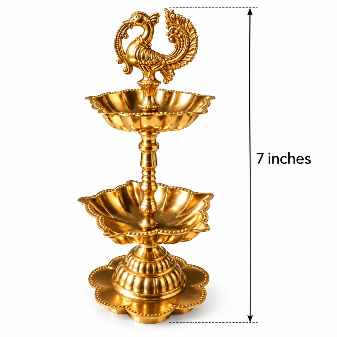 Brass Peacock Two-Tier Diya – Traditional Decorative Oil Lamp