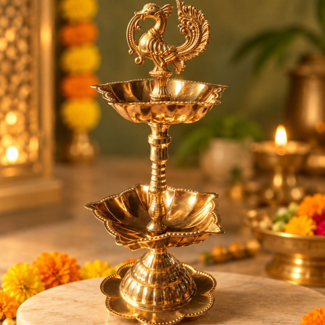 Brass Peacock Two-Tier Diya – Traditional Decorative Oil Lamp