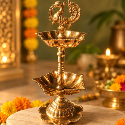 Brass Peacock Two-Tier Diya – Traditional Decorative Oil Lamp