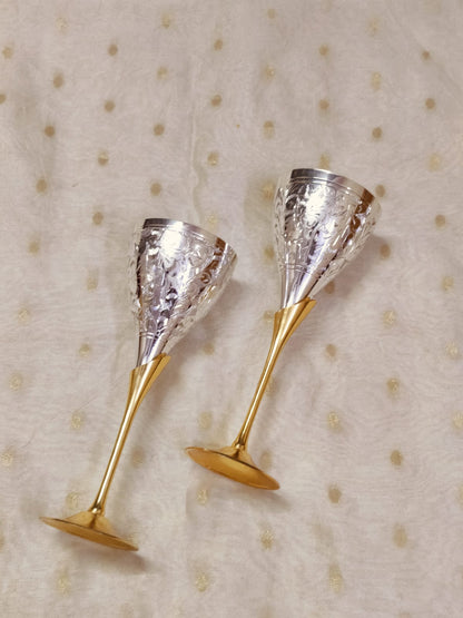 Premium brass champagne flutes with silver engraved body, ideal for elegant gifting.