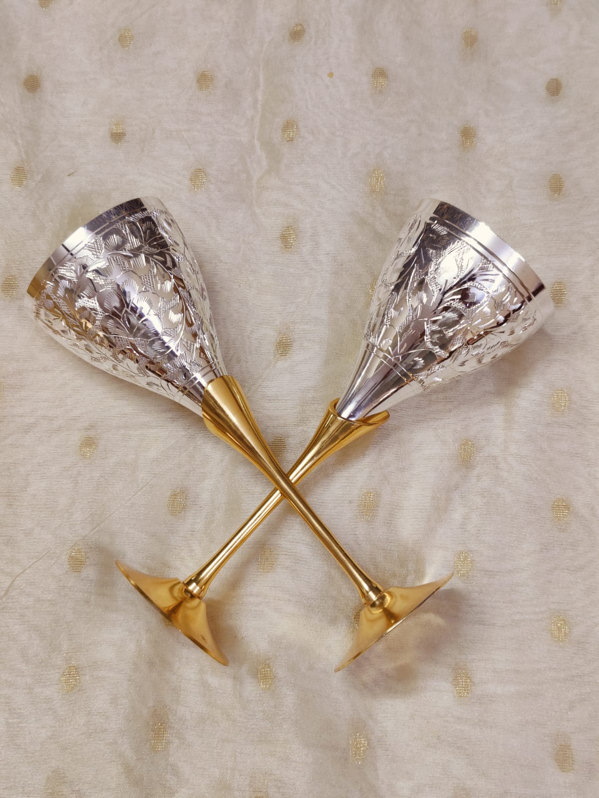 Brass wine glasses beautifully engraved with silver finish