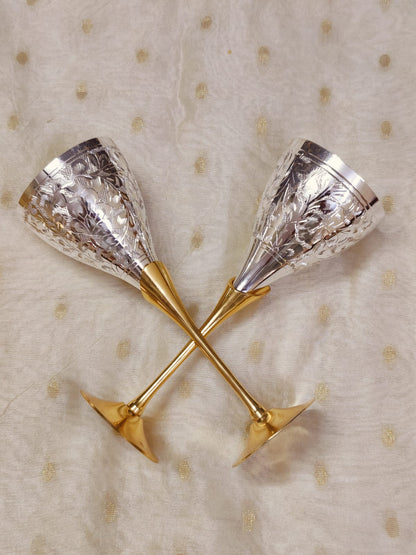 Brass wine glasses beautifully engraved with silver finish