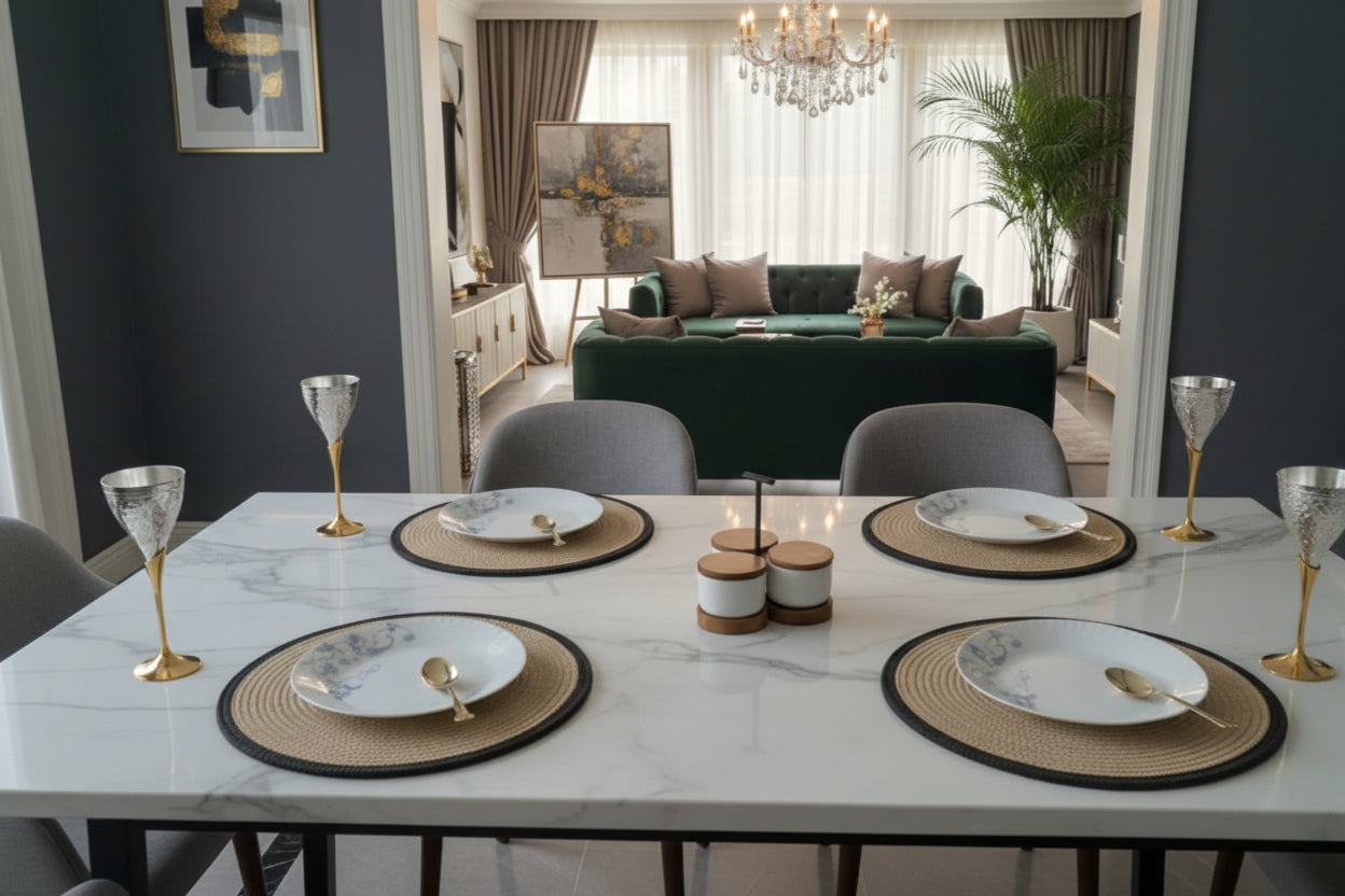 Complete round table mats dining set arranged on a table with cotton placemats,
coasters and organizer basket in beige and black.