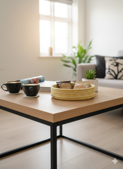 Coffee table with cups and a basket in a living room setting