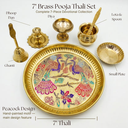 Brass Pooja Thali Set | 7-Piece Devotional Collection | 7" Peacock Meena Design Plate