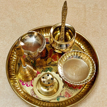 Brass Pooja Thali Set | 7-Piece Devotional Collection | 7" Peacock Meena Design Plate