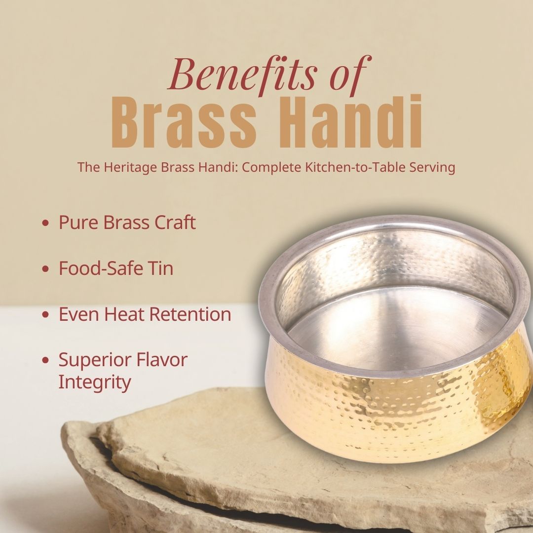 Brass handi with text highlighting its benefits on a beige background