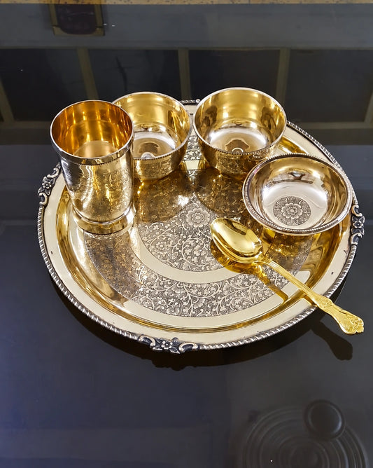 Brass dinner thali set Brass Dinner ThaliS et with Brasst hali _spoon _katori_ halwa plate and glass