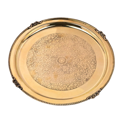 Brass Dinner Thali Set with Brass thali, spoon, katori, halwa plate and glass by bulkysanta.com showing Thalis eching design