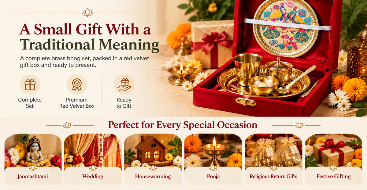 Brass bhog thali set with a complete set of brass pooja utensils packed in a premium red velvet gift box, ready to gift. The banner highlights the set as a small traditional gift for Janmashtami, wedding, housewarming, pooja, religious return gifts and festive gifting, with a complete set, premium red velvet box, ready-to-gift packaging and great value