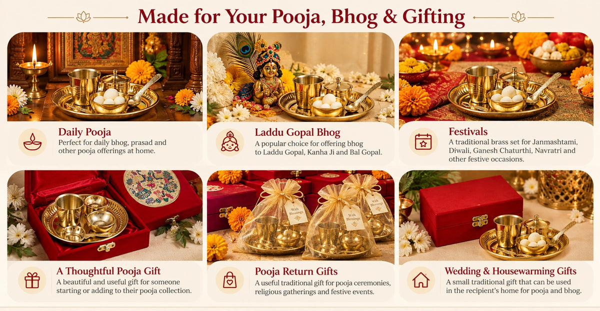 Brass pooja bhog thali set shown for daily pooja, Laddu Gopal bhog, festivals, thoughtful pooja gifts, pooja return gifts, and wedding and housewarming gifting