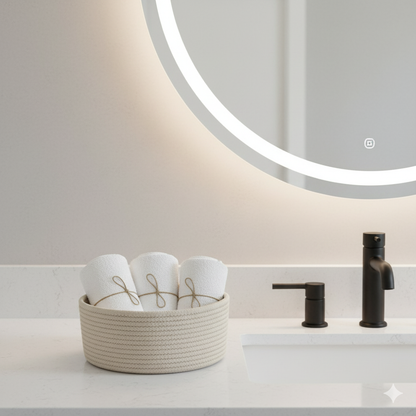 Bathroom vanity with a round mirror, basket of towels, and black faucet.