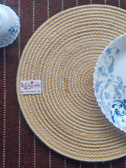Yellow textured mat paired with cutlery and plates on a bright table layout, perfect for round table placemats.
