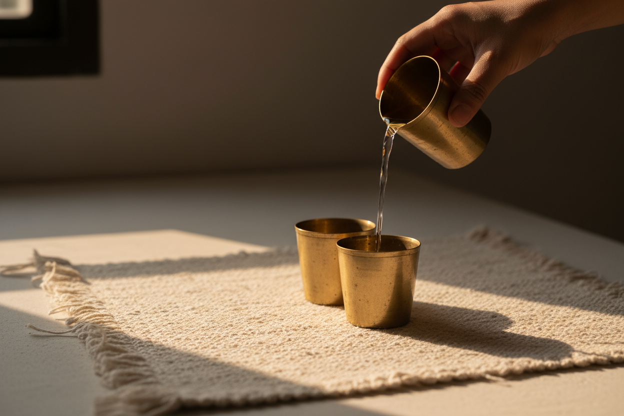 create an image of A close-up, minimalist studio shot of an adult hand gently pouring a slow, steady stream of water from one small, sleek brass tumbler into a second brass tumbler. The tumblers sit on a textured, off-white cotton mat. Soft, golden morning light creates a long, subtle shadow and highlights the metal's patina and the arc of the water. Serene, high-detail, mindful ritual photography, wabi-sabi aesthetic, no faces