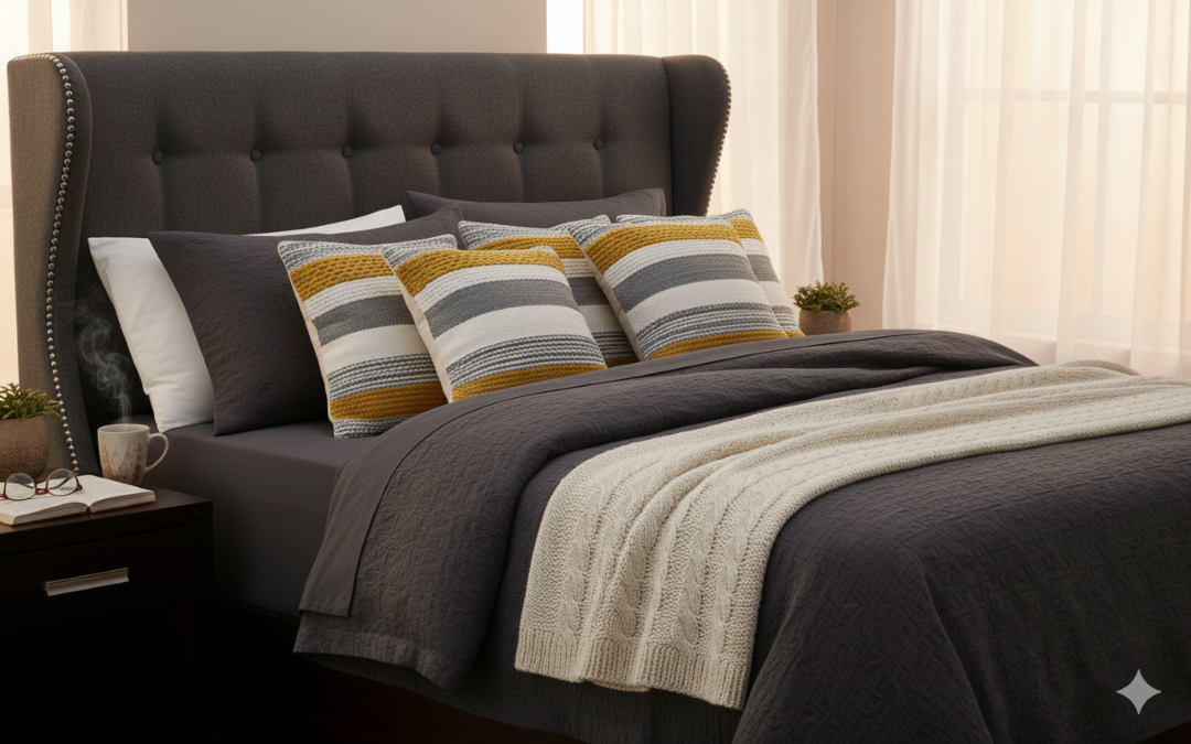 Bedroom with a bed featuring gray bedding and striped pillows, next to a nightstand.