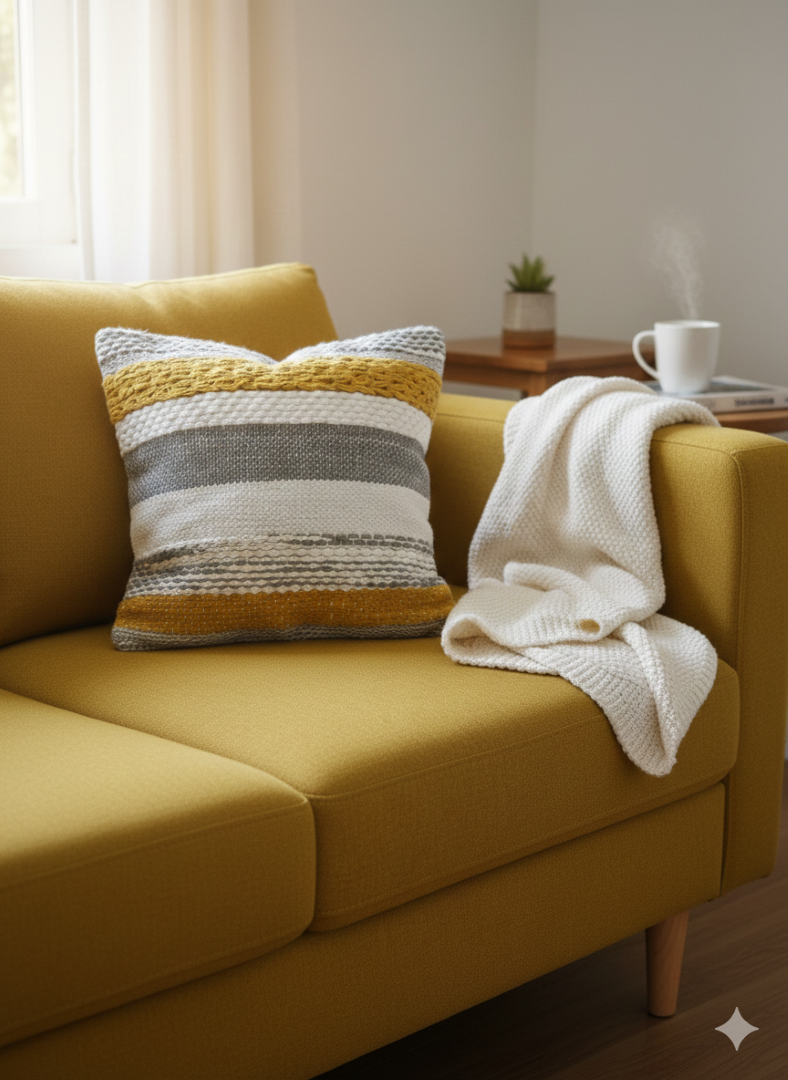 Yellow and grey stylish cotton cushion cover placed on a mustard sofa.