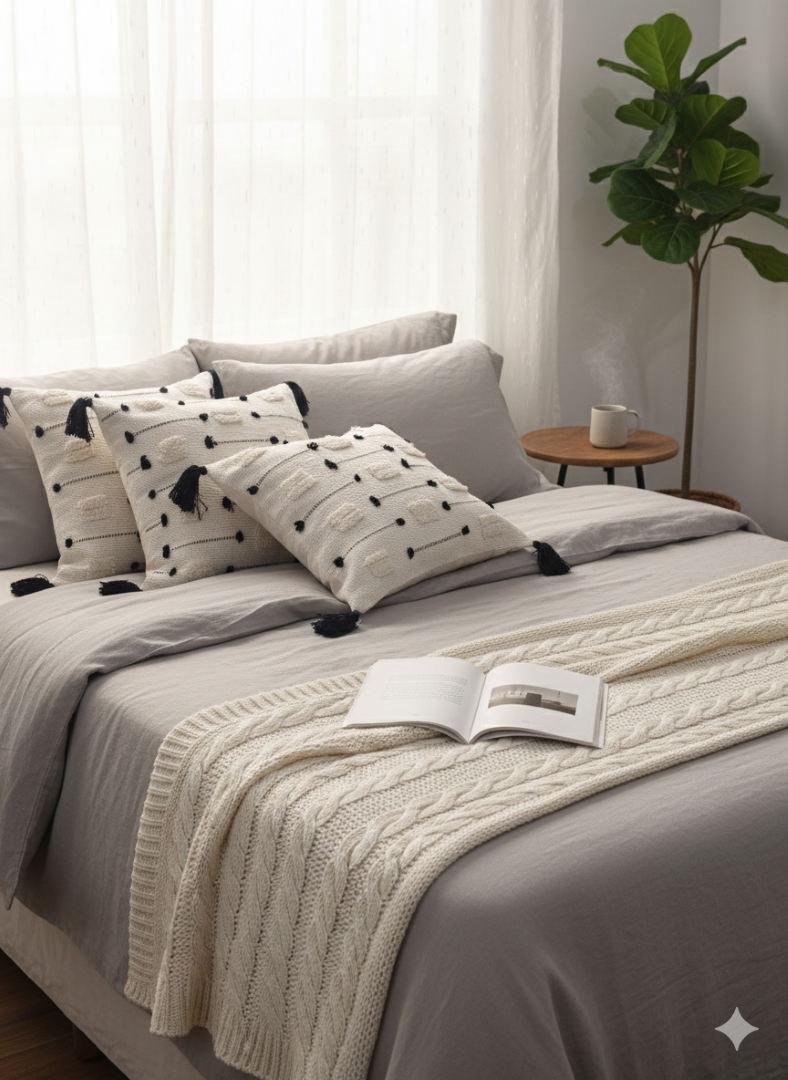 Set of cream tufted cotton cushion covers with black accents arranged on a neatly made bed.