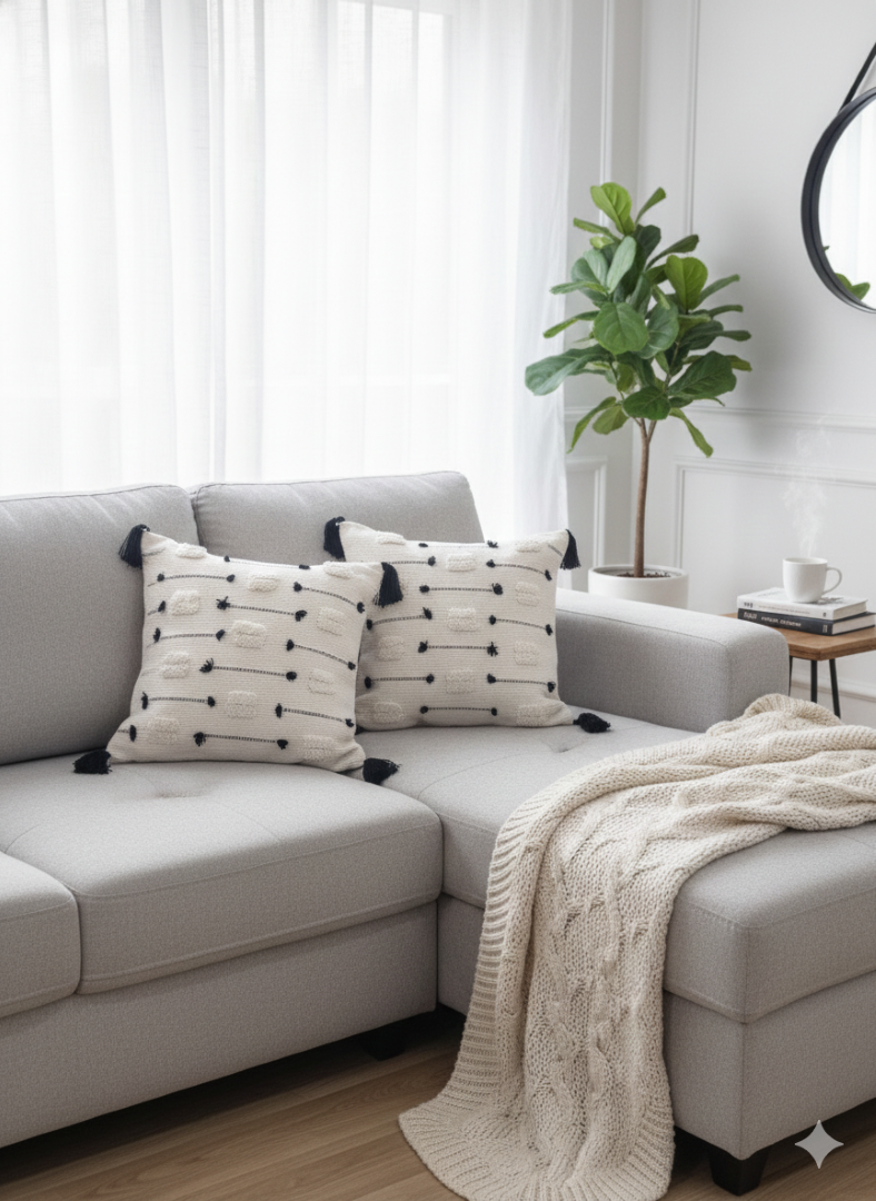Cream tufted premium cotton cushion covers with black dotted accents arranged on a grey sectional sofa.