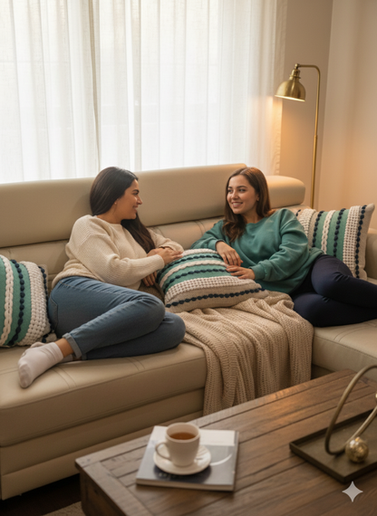 Striped cotton cushion covers placed beside two people relaxing on a beige sofa.
