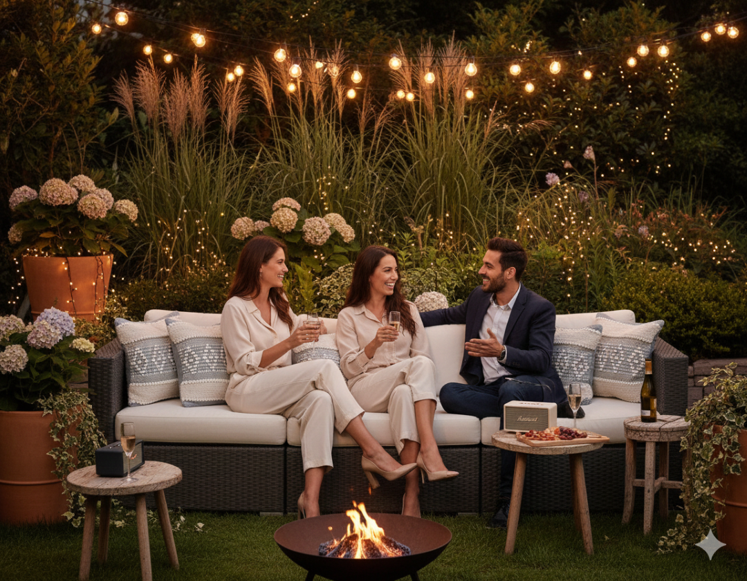 People sitting on a couch in a garden with string lights and a fire pit.