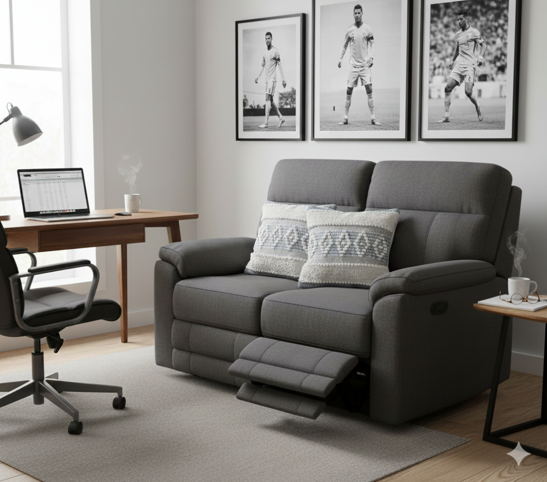 Grey recliner sofa styled with two diamond white premium cotton cushion covers.