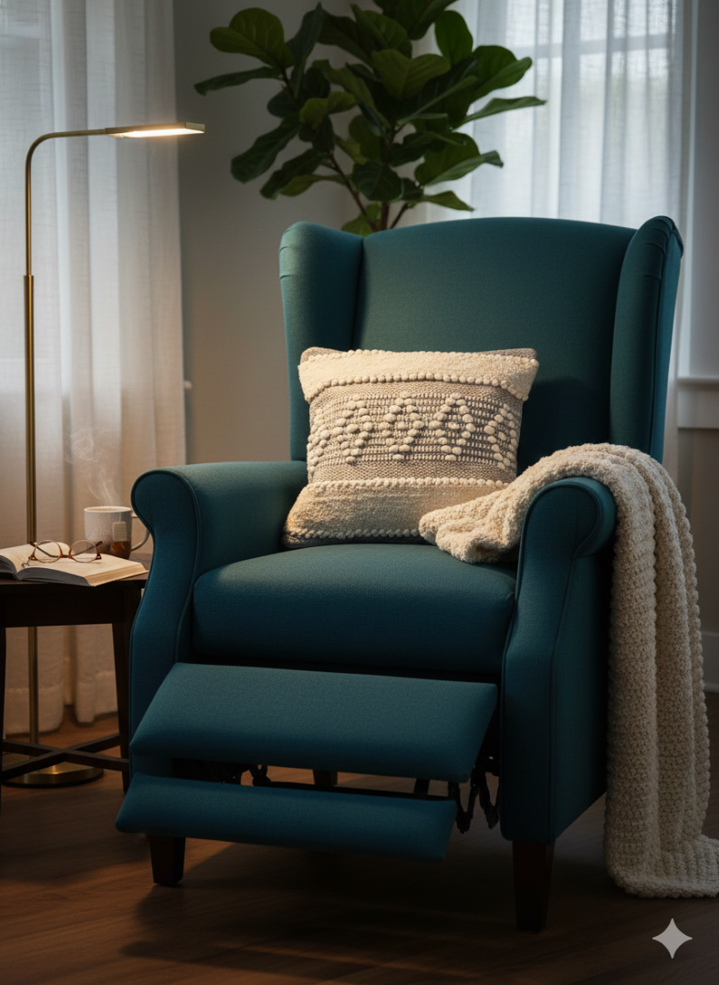 Teal armchair with a diamond white stylish cotton cushion cover.