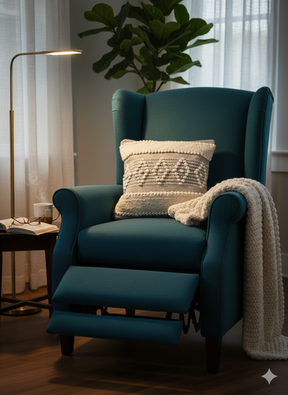 Teal armchair with a diamond white stylish cotton cushion cover.