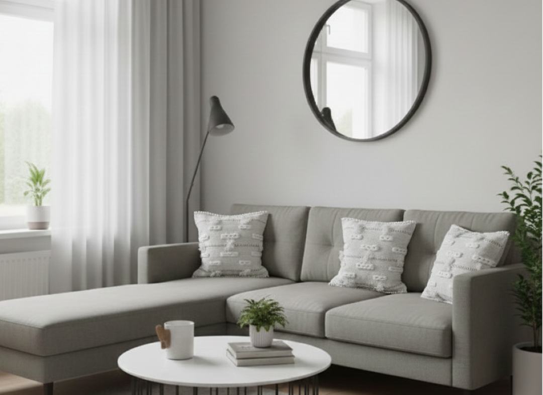 Three pale-grey patterned cotton cushion covers arranged on a living room sofa.