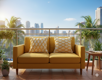 Diamond Yellow geometric cotton cushion covers displayed on a yellow outdoor sofa.