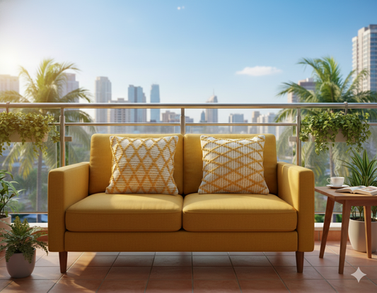 Diamond Yellow geometric cotton cushion covers displayed on a yellow outdoor sofa.
